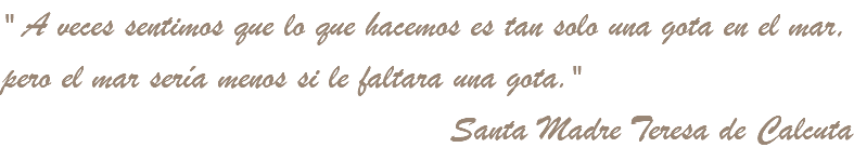 " A veces sentimos que lo que hacemos es tan solo una gota en el mar, pero el mar sería menos si le faltara una gota." Santa Madre Teresa de Calcuta